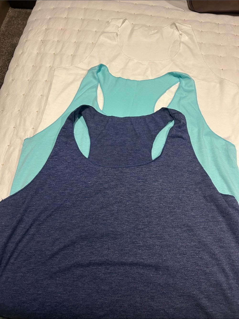 New, no brand. Set of 3. Classic Racerback Tank Top - Navy and Aqua and White.